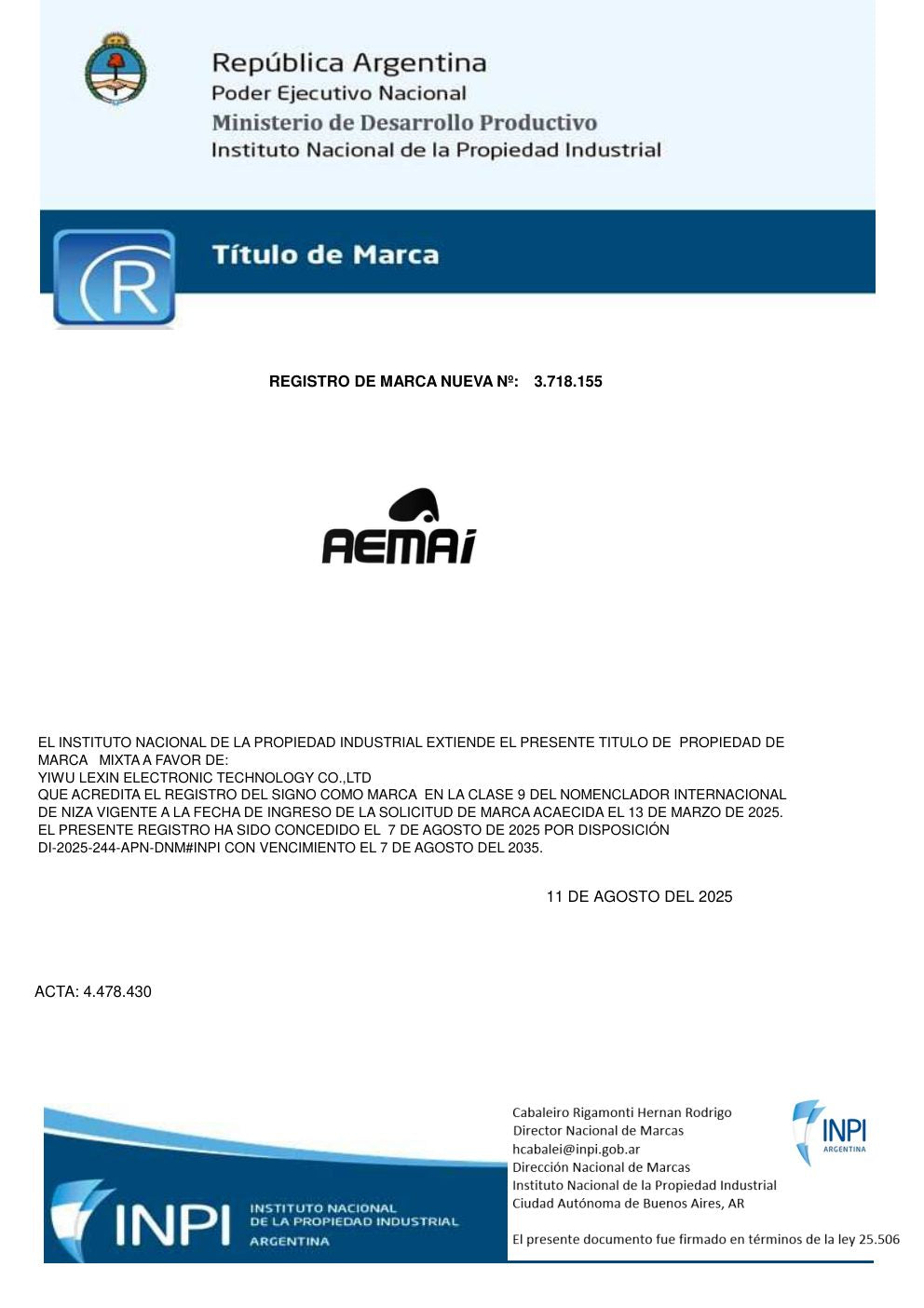 AEMAI trademark registration certificate - AR