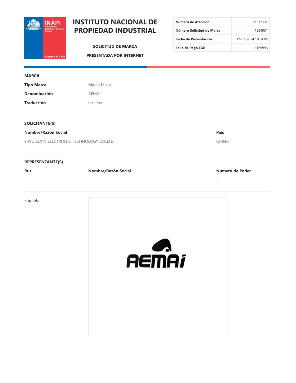 AEMAI trademark registration certificate - CL
