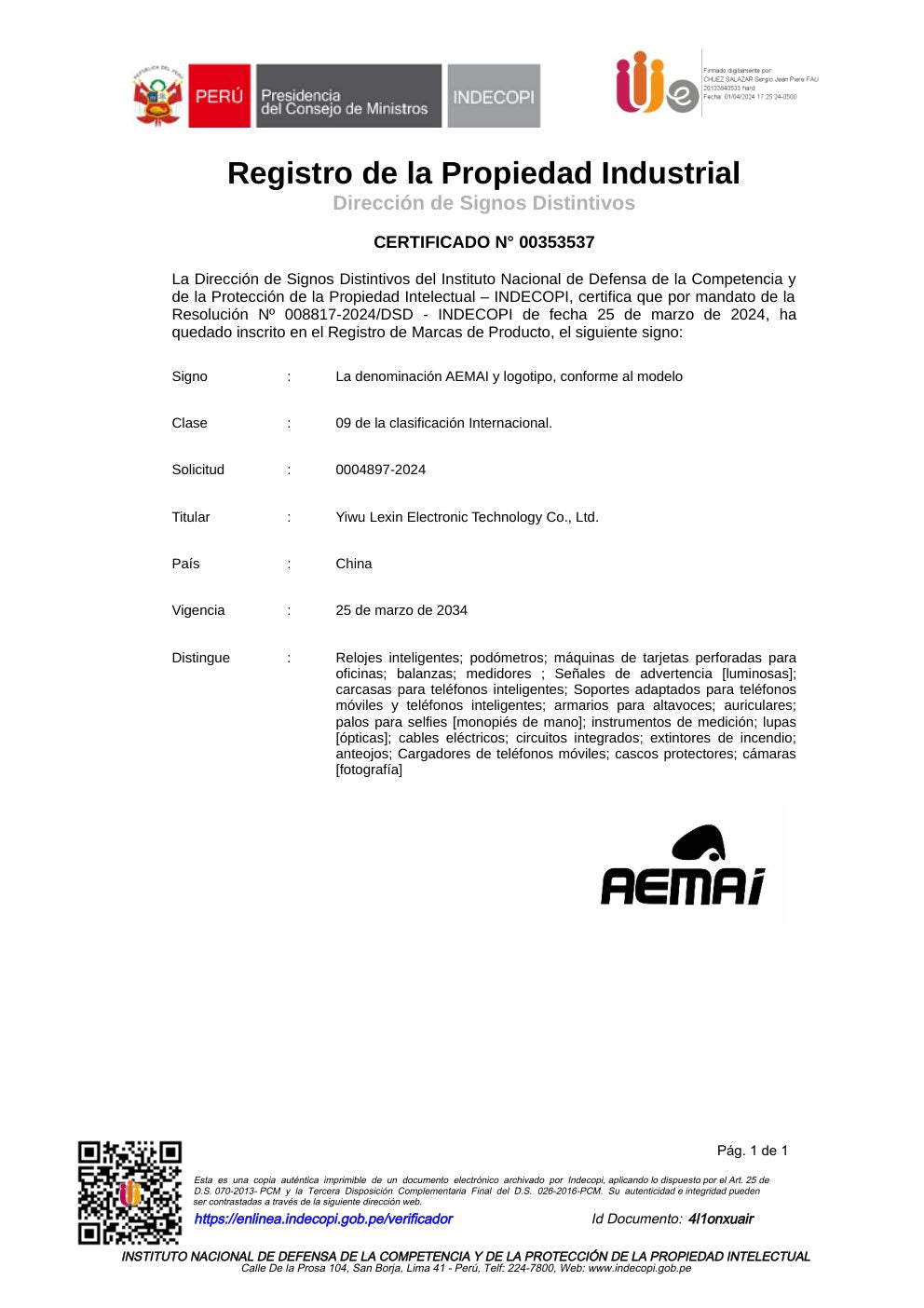 AEMAI trademark registration certificate - PE