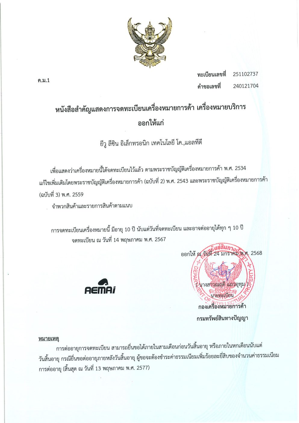 AEMAI trademark registration certificate - TH