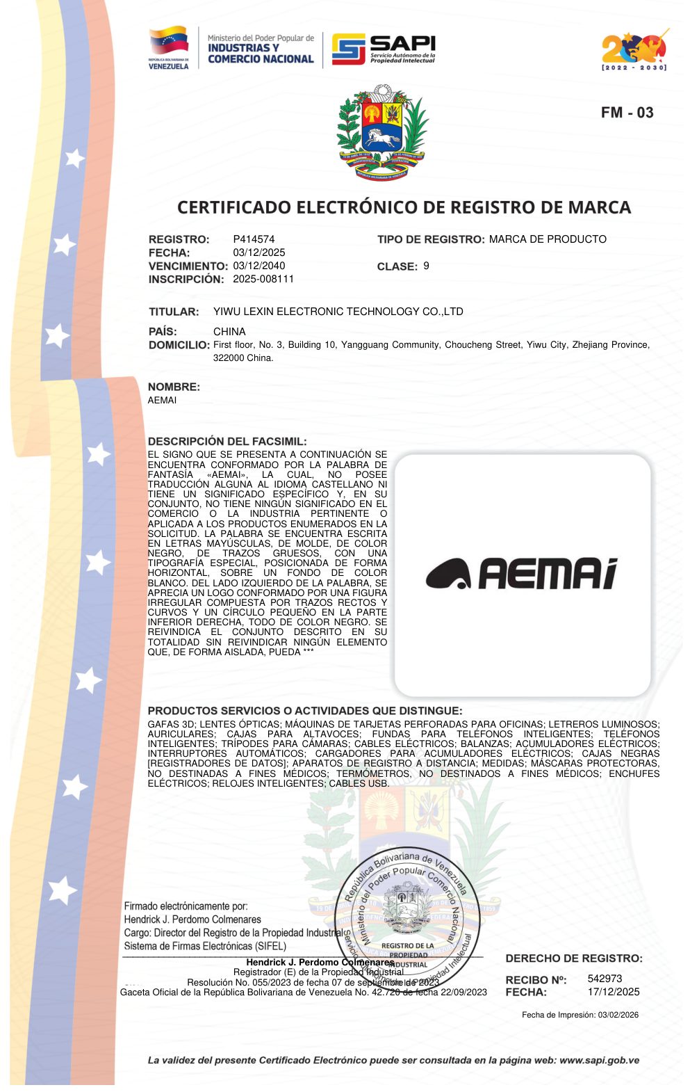 AEMAI trademark registration certificate - VE