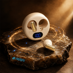 AEMAI Q5 Open-Ear Clip-On Earbuds with LED Digital Display Case - Bluetooth 5.4, Active Noise Cancellation, Surround Sound, Voice Control, Waterproof Wireless Headphones, Gold & Beige