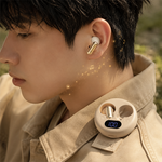 AEMAI Q5 Open-Ear Clip-On Earbuds with LED Digital Display Case - Bluetooth 5.4, Active Noise Cancellation, Surround Sound, Voice Control, Waterproof Wireless Headphones, Gold & Beige