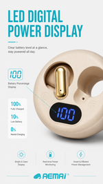 AEMAI Q5 Open-Ear Clip-On Earbuds with LED Digital Display Case - Bluetooth 5.4, Active Noise Cancellation, Surround Sound, Voice Control, Waterproof Wireless Headphones, Gold & Beige