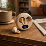 AEMAI Q5 Open-Ear Clip-On Earbuds with LED Digital Display Case - Bluetooth 5.4, Active Noise Cancellation, Surround Sound, Voice Control, Waterproof Wireless Headphones, Gold & Beige