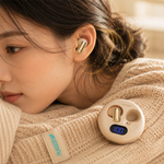 AEMAI Q5 Open-Ear Clip-On Earbuds with LED Digital Display Case - Bluetooth 5.4, Active Noise Cancellation, Surround Sound, Voice Control, Waterproof Wireless Headphones, Gold & Beige