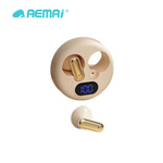 AEMAI Q5 Open-Ear Clip-On Earbuds with LED Digital Display Case - Bluetooth 5.4, Active Noise Cancellation, Surround Sound, Voice Control, Waterproof Wireless Headphones, Gold & Beige