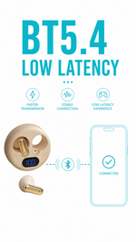 AEMAI Q5 Open-Ear Clip-On Earbuds with LED Digital Display Case - Bluetooth 5.4, Active Noise Cancellation, Surround Sound, Voice Control, Waterproof Wireless Headphones, Gold & Beige