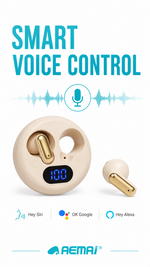 AEMAI Q5 Open-Ear Clip-On Earbuds with LED Digital Display Case - Bluetooth 5.4, Active Noise Cancellation, Surround Sound, Voice Control, Waterproof Wireless Headphones, Gold & Beige
