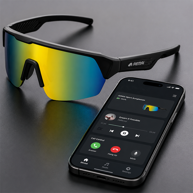 AEMAI SAG10 Smart Audio Sunglasses - Bluetooth 5.3 Polarized Sports Glasses with Open-Ear Speaker, IPX4 Waterproof & App Control