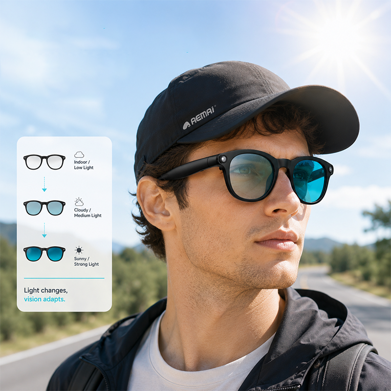 AEMAI TK Smart Photochromic Glasses with AI Real-Time Translation, Open-Ear Audio & App Control - Auto-Tinting Lenses, Waterproof, Bluetooth Sunglasses for Travel & Business