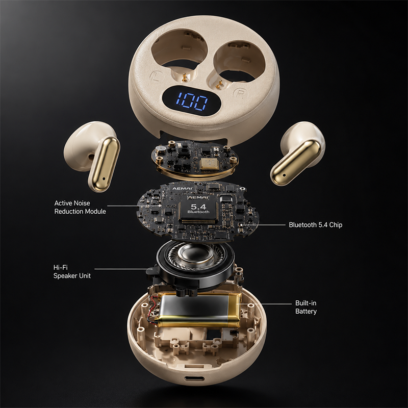 AEMAI Q5 Open-Ear Clip-On Earbuds with LED Digital Display Case - Bluetooth 5.4, Active Noise Cancellation, Surround Sound, Voice Control, Waterproof Wireless Headphones, Gold & Beige