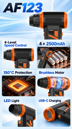 AEMAI AF123 handheld turbo jet blower with four removable batteries and LED work light - detailed view 4