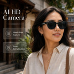AEMAI AI camera glasses woman wearing outdoors hands-free capture smart everyday wear stylish matte black sunglasses
