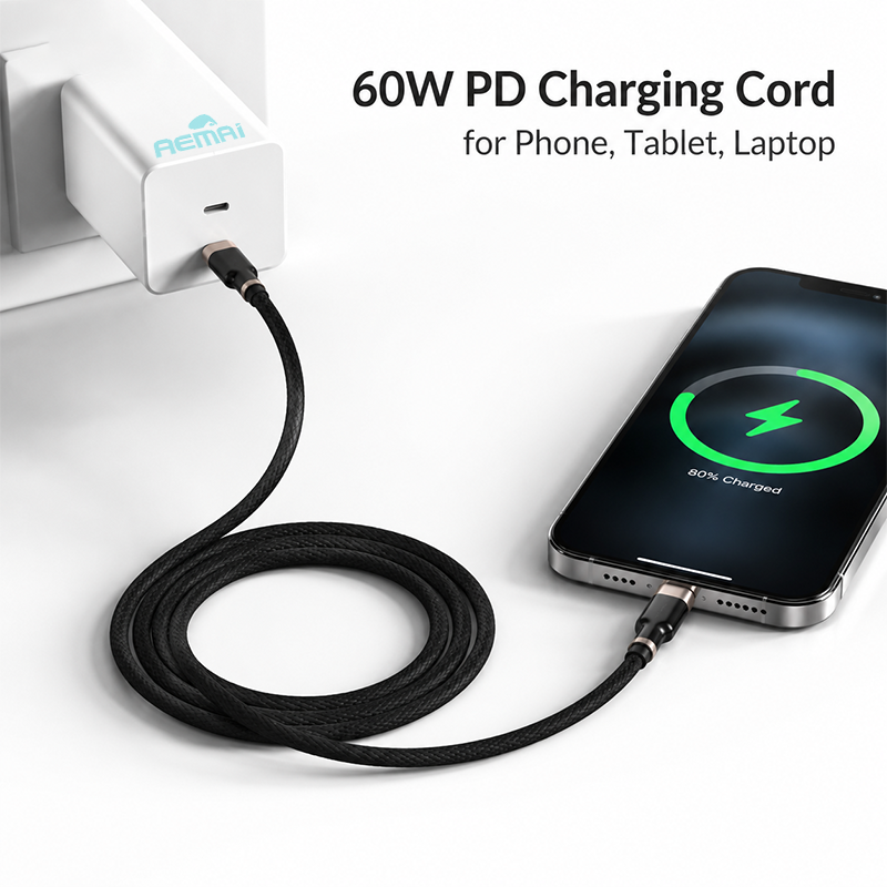 AEMAI AX-109 black braided 60W PD charging cable USB-C to USB-C