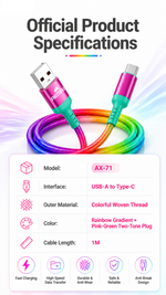 AEMAI AX-71 rainbow gradient braided fast charging cord USB-A to Type-C - detailed view 6