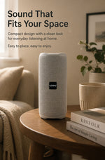 AEMAI B34 speaker thoughtful design textured exterior clean cylindrical silhouette logo detail portable strap close-up

