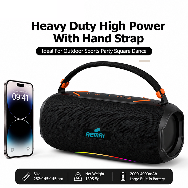 Portable Bluetooth speaker with AEMAI branding
