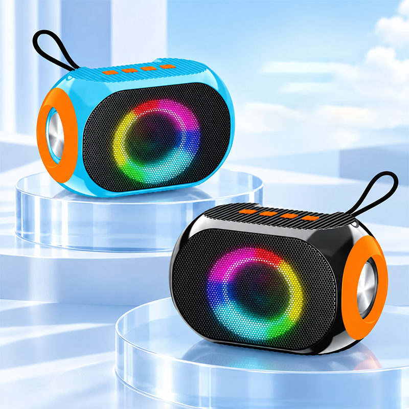 AEMAI BM26 portable Bluetooth speaker with RGB ring light and orange passive radiator