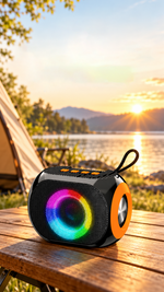 AEMAI BM26 portable Bluetooth speaker with RGB ring light and orange passive radiator - detailed view 2