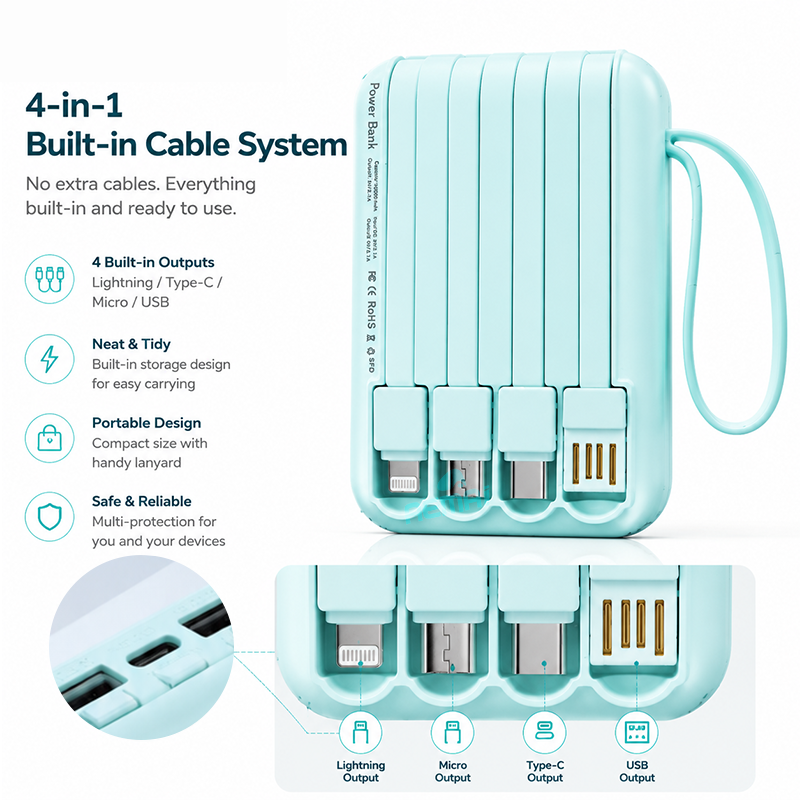 AEMAI CD167 10000mAh power bank with 4-in-1 built-in cables mint green