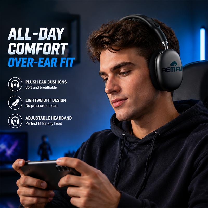 AEMAI EJ43 over-ear wireless headphones all-day comfort plush cushions black