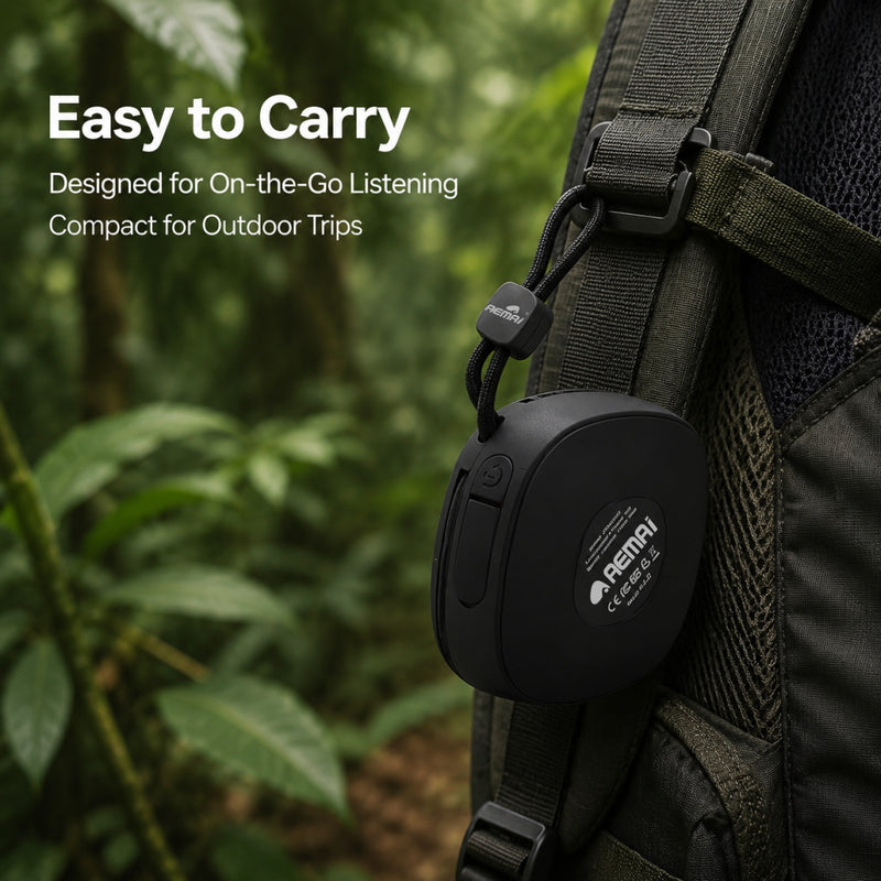 AEMAI mini bluetooth speaker easy to carry hanging on backpack strap for outdoor trips on-the-go listening