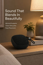 AEMAI mini speaker sound blends in beautifully minimal footprint clean silhouette easy placement bedside nightstand
