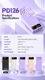 AEMAI PD126 power bank with four built-in charging cables in pink and purple - detailed view 6