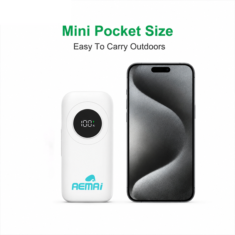 Portable power bank pocket-size with AEMAI branding