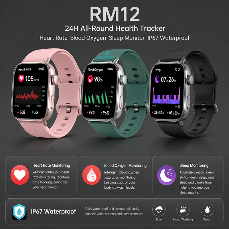 Health tracking smart watch with AEMAI branding