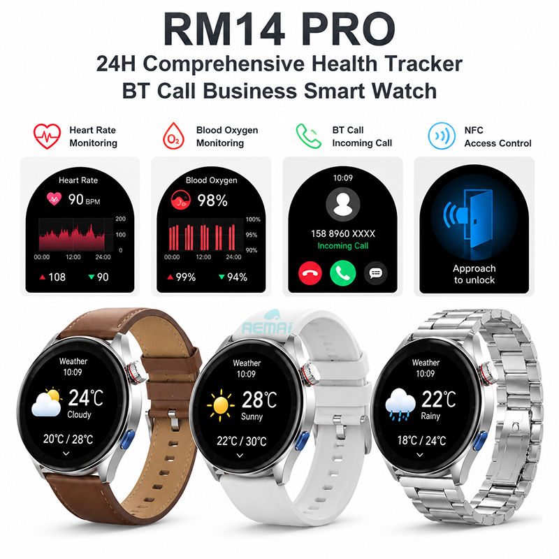 Health tracking smart watch with AEMAI branding