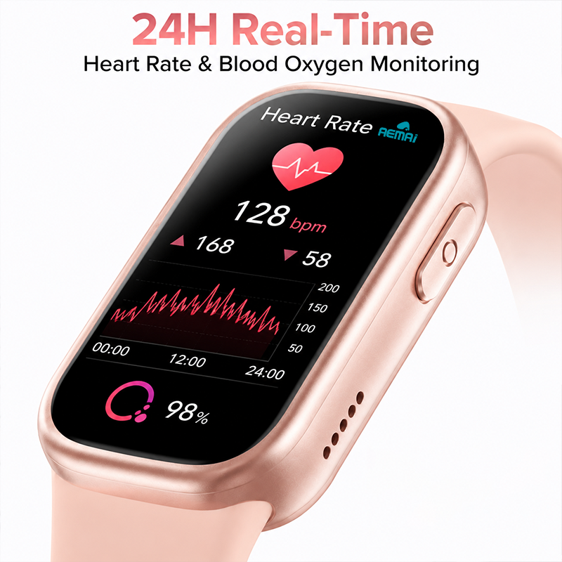 Health tracking smart watch with AEMAI branding