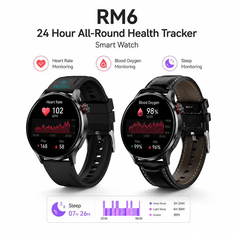Health tracking smart watch with AEMAI branding