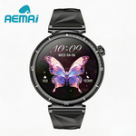 AEMAI smart watch front view butterfly dial AMOLED display black bezel scale markers round face close-up
