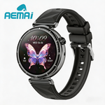 AEMAI smart watch side view black case butterfly face diamond texture silicone strap 45mm round display
