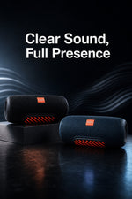 AEMAI bluetooth speaker clear sound full presence cinematic audio quality with sound wave visual effect dark background black and deep blue