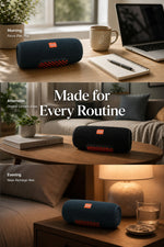 AEMAI bluetooth speaker made for every routine morning focus afternoon relax evening unwind deep blue speaker in daily life scenes desk sofa bedside