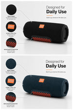 AEMAI speaker designed for daily use showing durable mesh fabric iconic orange logo tag and bass passive radiator detail close-up view black and deep blue