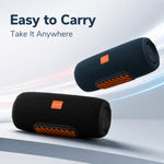 AEMAI wireless bluetooth speakers in black and deep blue demonstrating easy to carry portable design for outdoor travel and everyday use