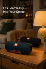 AEMAI wireless bluetooth speakers fits seamlessly into your space home decor friendly deep blue on wooden nightstand warm cozy living room