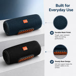 AEMAI bluetooth speaker built for everyday use featuring durable mesh fabric finish and anti slip steady base design with orange bass radiator detail