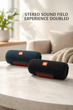 AEMAI portable bluetooth speakers stereo sound field experience doubled dual speaker pairing black and deep blue on table in modern living room
