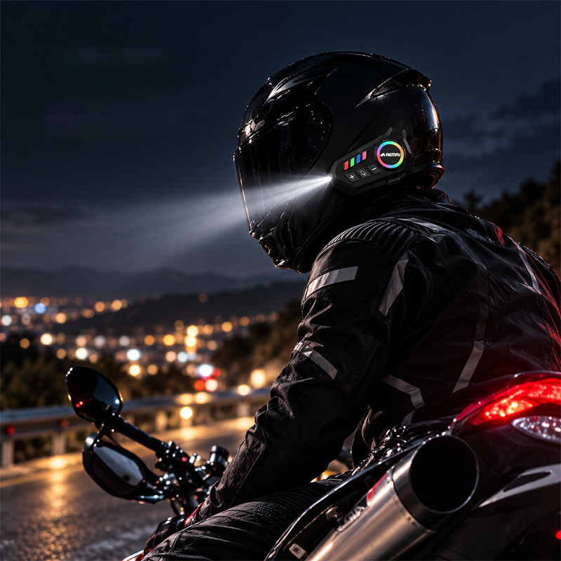 AEMAI TW108 motorcycle helmet Bluetooth intercom with RGB rotary dial and front LED