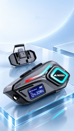 AEMAI TW109 motorcycle helmet intercom with FM radio LCD display and cyan light - detailed view 2