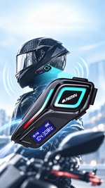 AEMAI TW109 motorcycle helmet intercom with FM radio LCD display and cyan light - detailed view 5