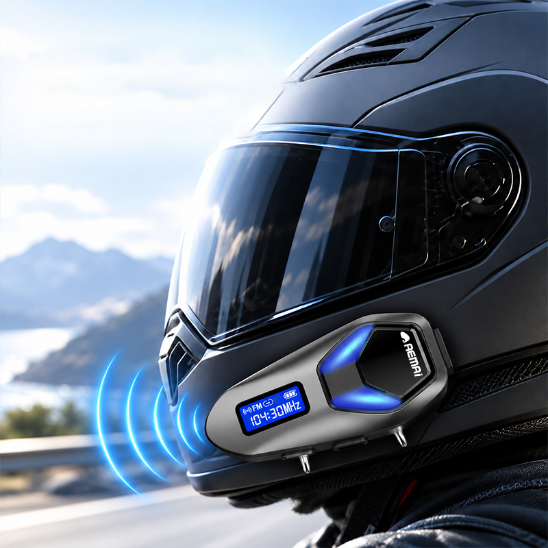 AEMAI TW112 motorcycle helmet intercom with FM LCD display and blue chevron light