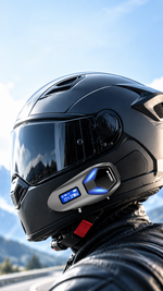 AEMAI TW112 motorcycle helmet intercom with FM LCD display and blue chevron light - detailed view 1