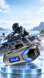 AEMAI TW112 motorcycle helmet intercom with FM LCD display and blue chevron light - detailed view 5