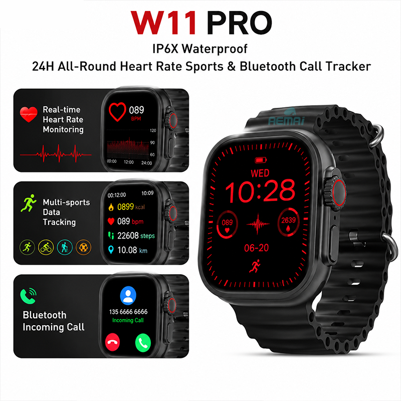 Health tracking smart watch with AEMAI branding